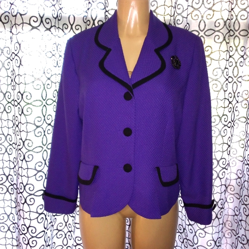 💣ANN TRAVIS PETITE PURPLE JACKET W/ BROACH SZ 14P